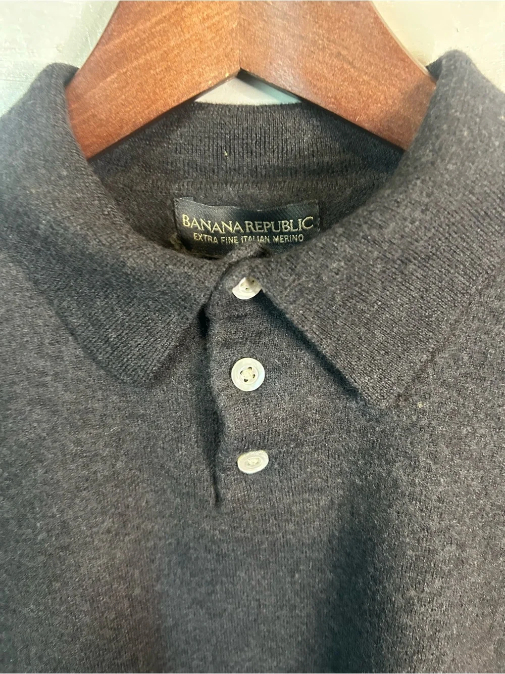 Banana Republic Men's Long-Sleeve Polo in Charcoal Blue Extra Fine Wool Merino